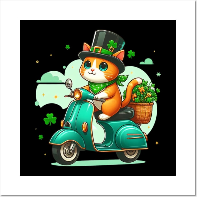 Celebrate St Patricks Day Day with a cute and colorful Cat on a Motorcycle design Wall Art by click2print